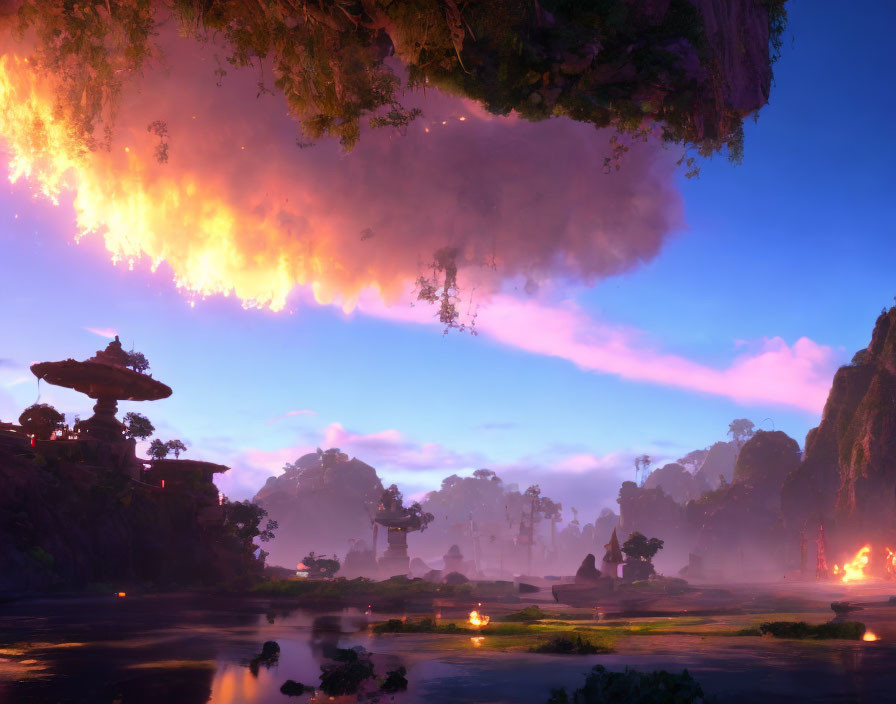 Fantastical landscape with floating islands, purple sky, fiery clouds, serene water, and ethereal