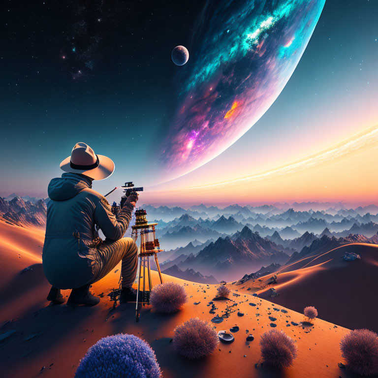 Person in hat gazes at surreal starry sky with vibrant planets and cosmic nebula.