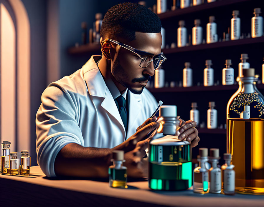 Scientist in safety goggles surrounded by colorful chemicals in lab