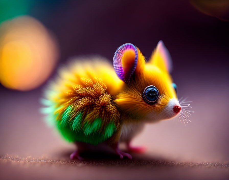 Colorful whimsical toy creature with large eyes and rainbow fur on blurred bokeh lights background