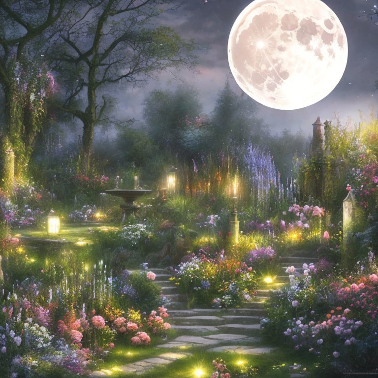 Enchanting night garden with lantern-lit path and vibrant flowers