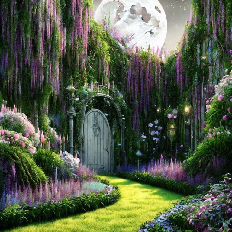 Moonlit Twilight Garden with Ornate Gate & Purple Flowers