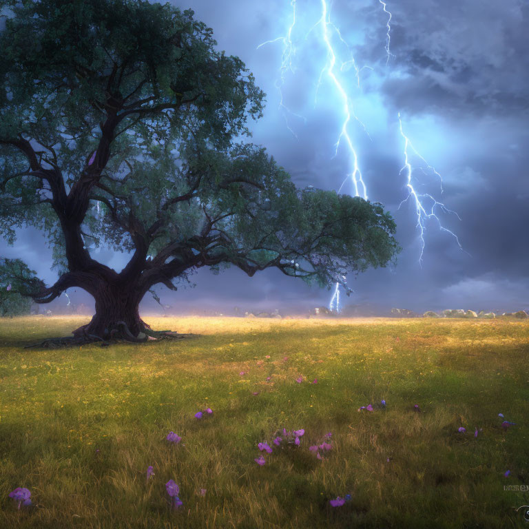 Majestic tree in serene field with purple flowers under stormy sky