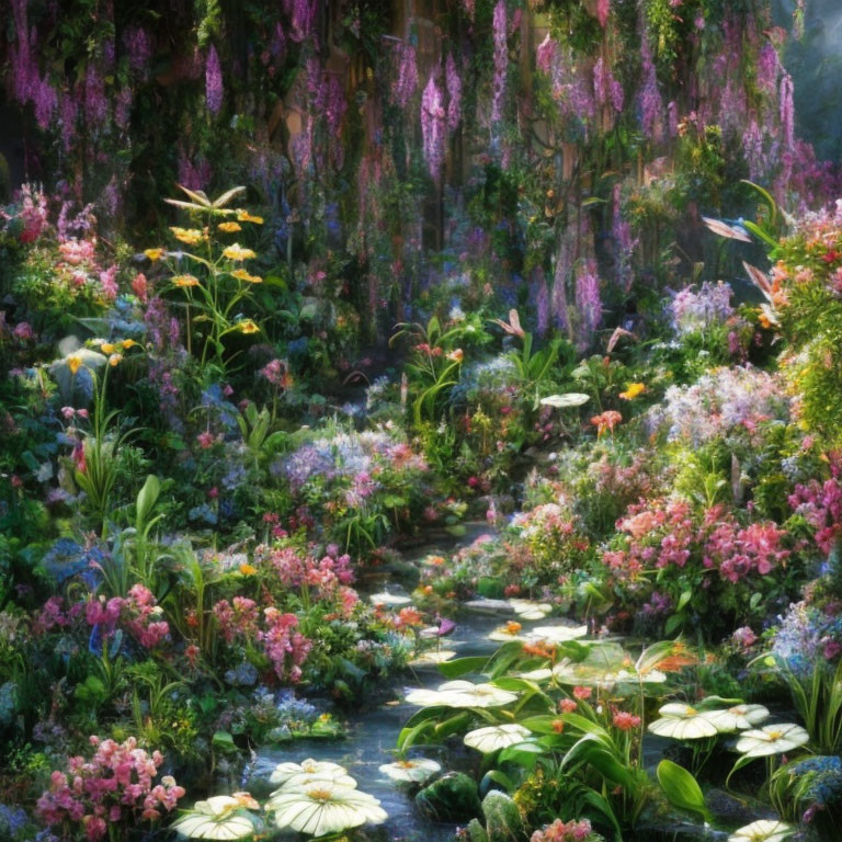 Tranquil garden with stone path, blooming pink and yellow flowers, lush greenery, and