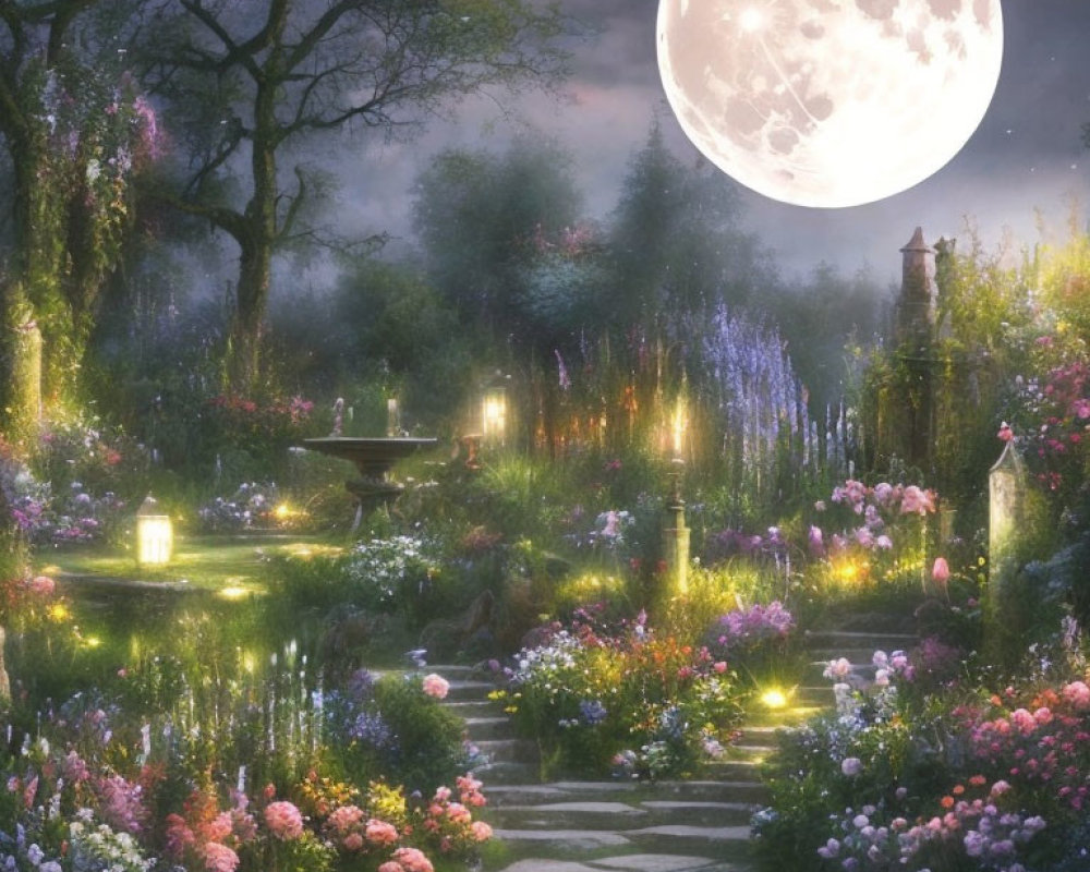 Enchanting night garden with lantern-lit path and vibrant flowers