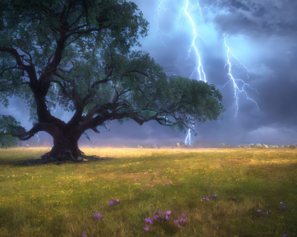 Majestic tree in serene field with purple flowers under stormy sky