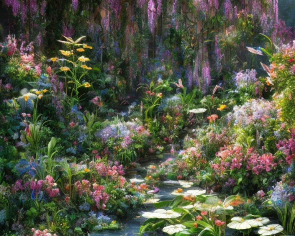 Tranquil garden with stone path, blooming pink and yellow flowers, lush greenery, and