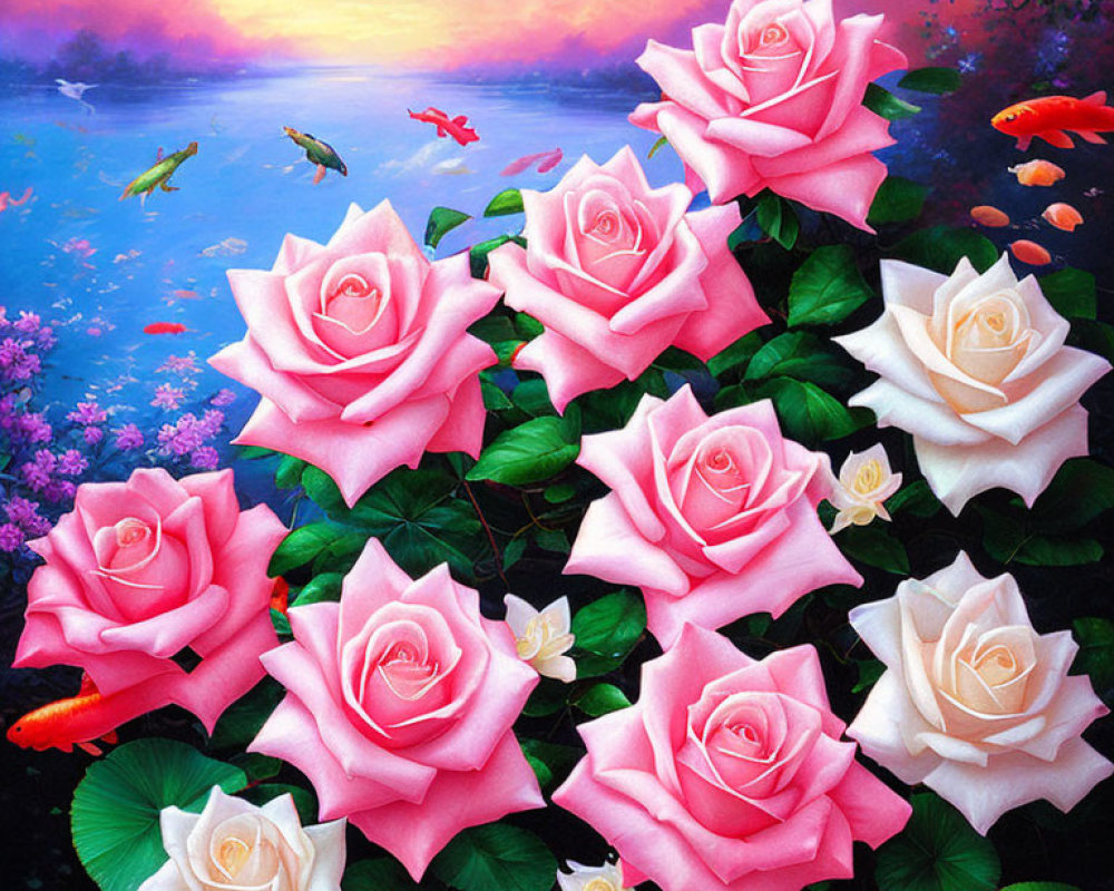 Colorful painting of pink roses, green foliage, and flying fish in a purple-pink sky