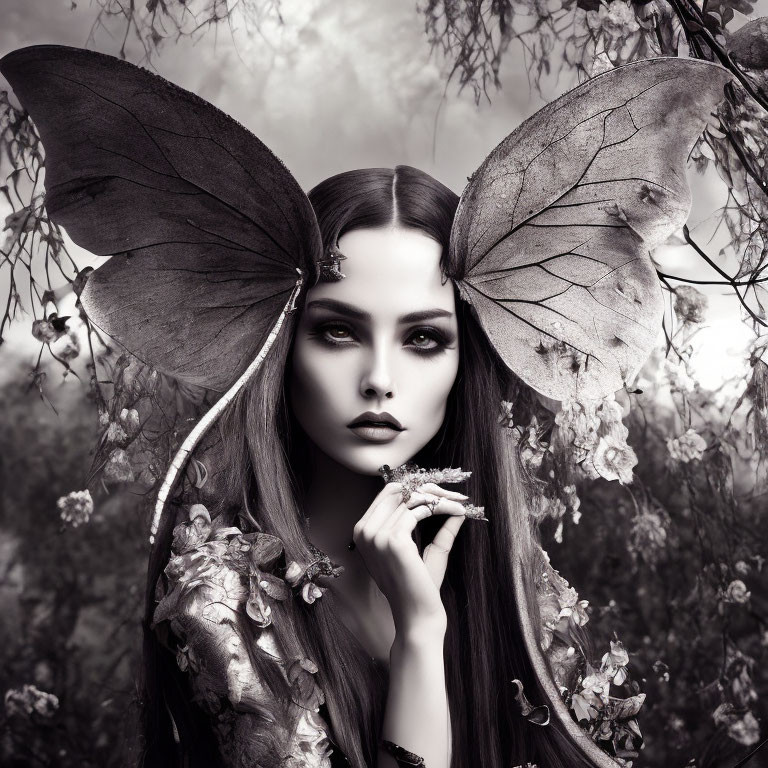 Monochrome portrait of woman with butterfly wing accessories in floral background