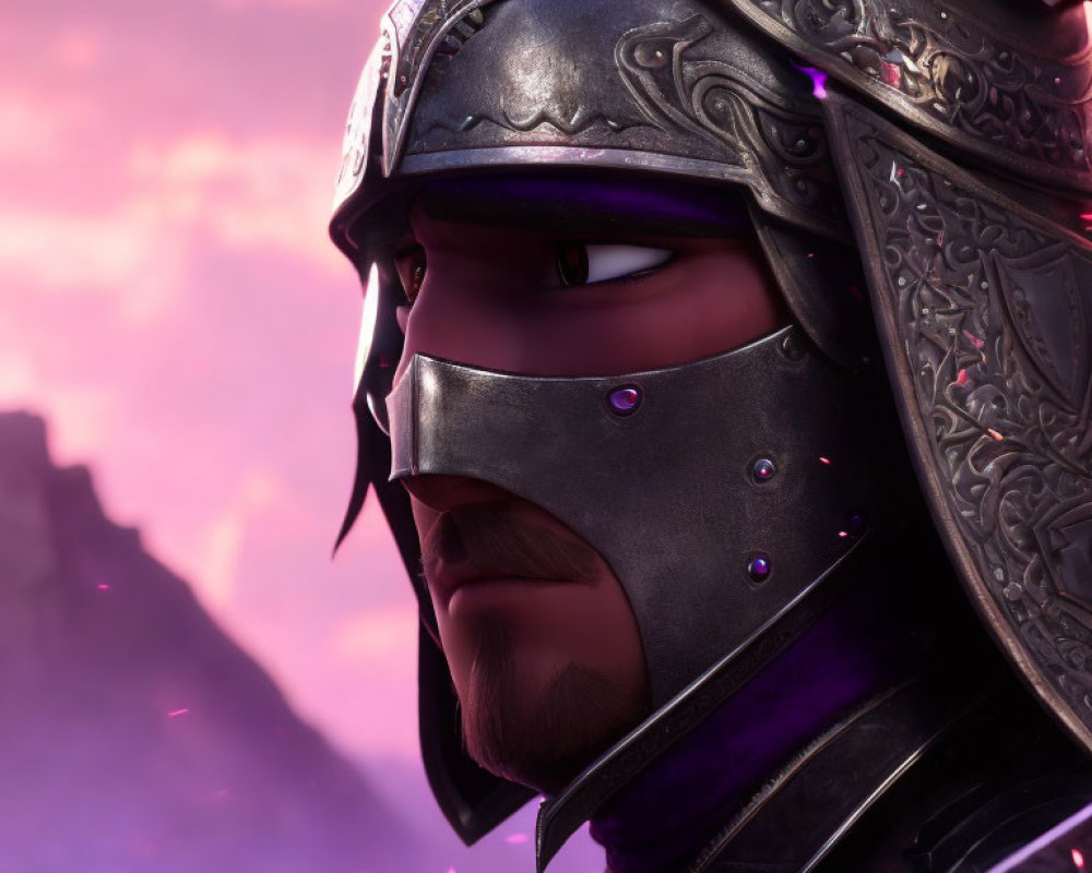 Stylized animated knight in ornate helmet under twilight sky