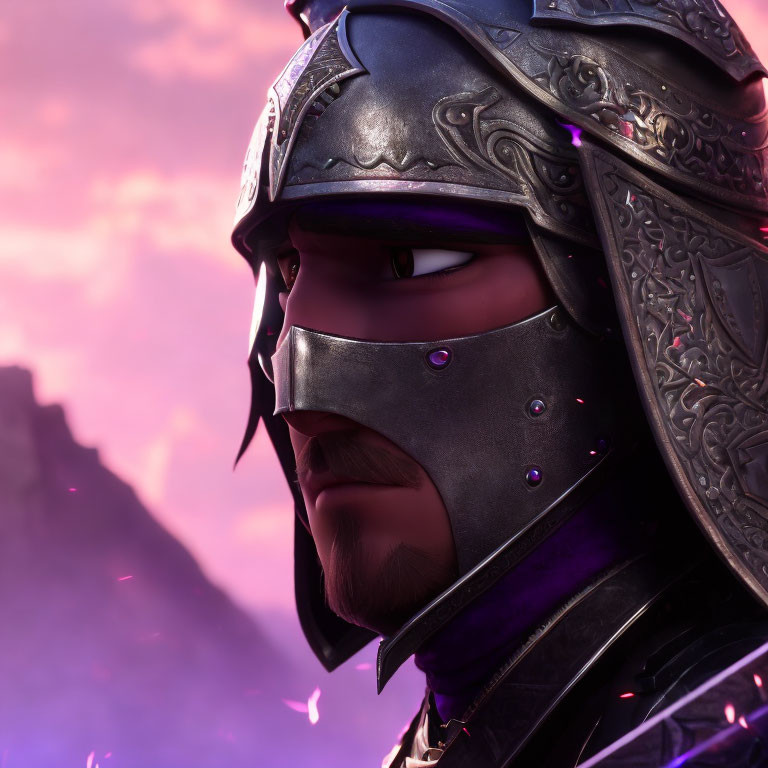 Stylized animated knight in ornate helmet under twilight sky