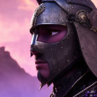 Stylized animated knight in ornate helmet under twilight sky