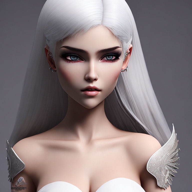 Fantasy Female Character with White Hair and Purple Eyes Illustration