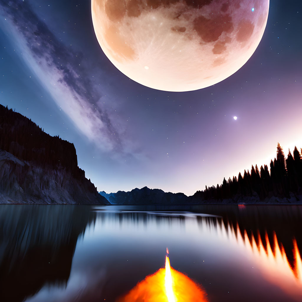 Tranquil night scene: moonlit lake with rocket launch in distance