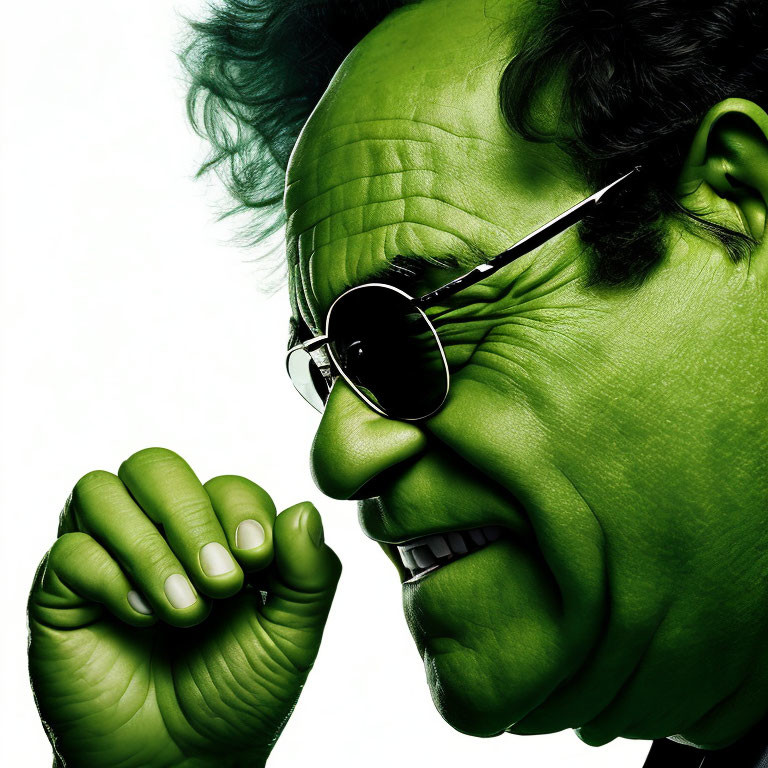 Intense green-skinned person with round sunglasses and clenched teeth.