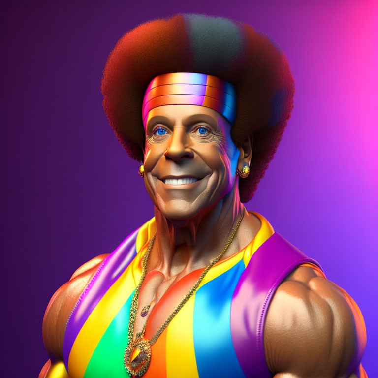 Colorful Smiling Muscular Figure in Afro and Headband on Purple Background