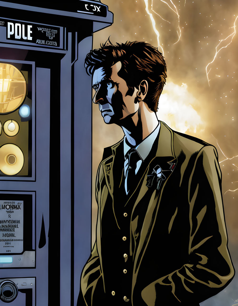 Illustrated man with spiky hair in brown suit by blue police box under stormy sky.