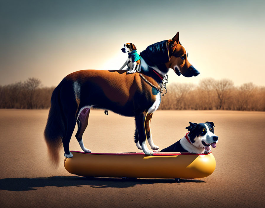 Whimsical display of dogs on hoverboard with toy figure