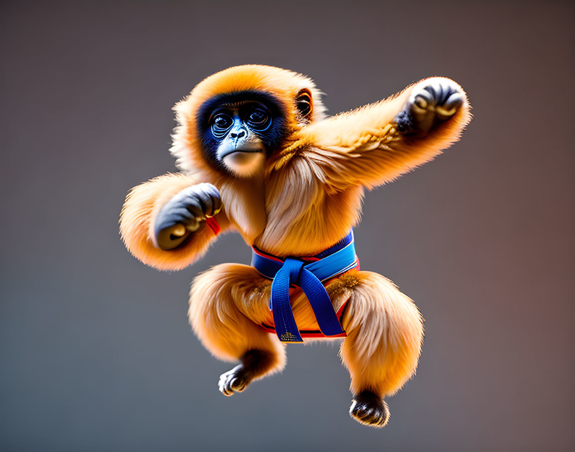 Golden monkey in karate pose with blue and red belt on gradient background