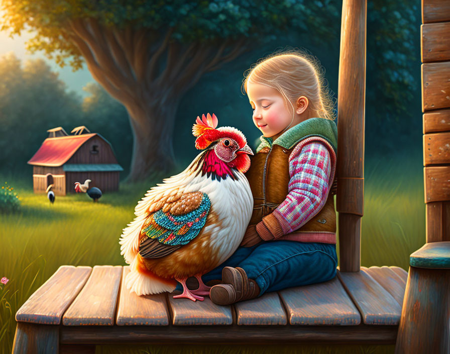 Young girl with colorful rooster on wooden bench in serene pastoral setting