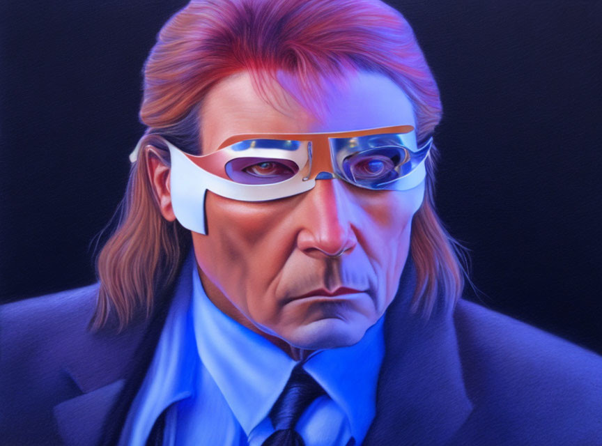 Intense gaze man in futuristic glasses and blue suit on dark background