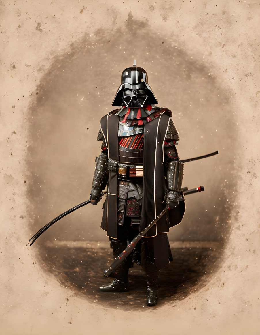 Samurai-inspired figure with longbow, katana, and sci-fi armor against dusty backdrop