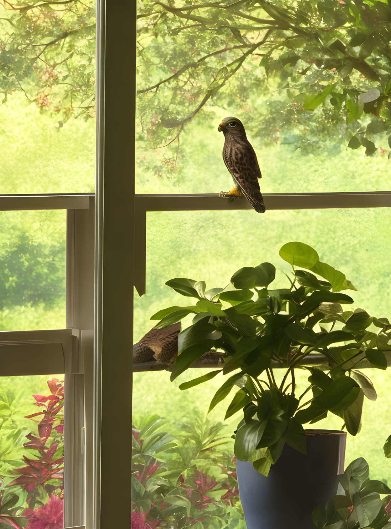 Bird of Prey Perched on Window Frame with Potted Plant and Green Background