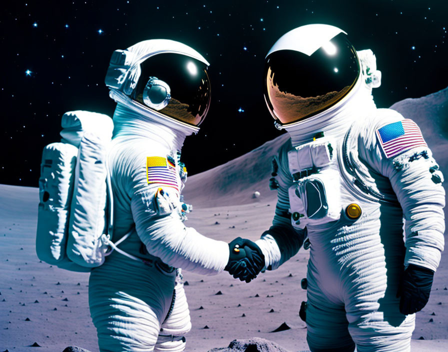 Astronauts in white space suits shaking hands on the moon with Earth in the background