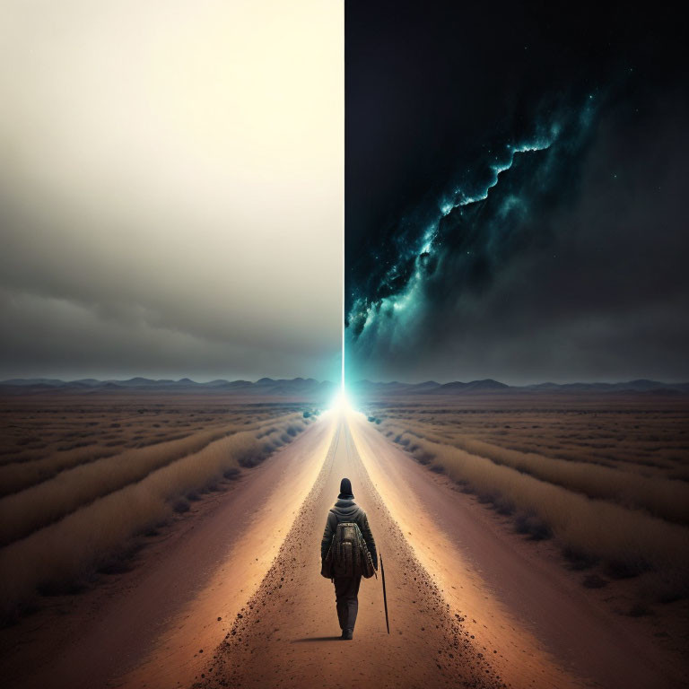 Person walking on desert road under bright light, split between day and night sky