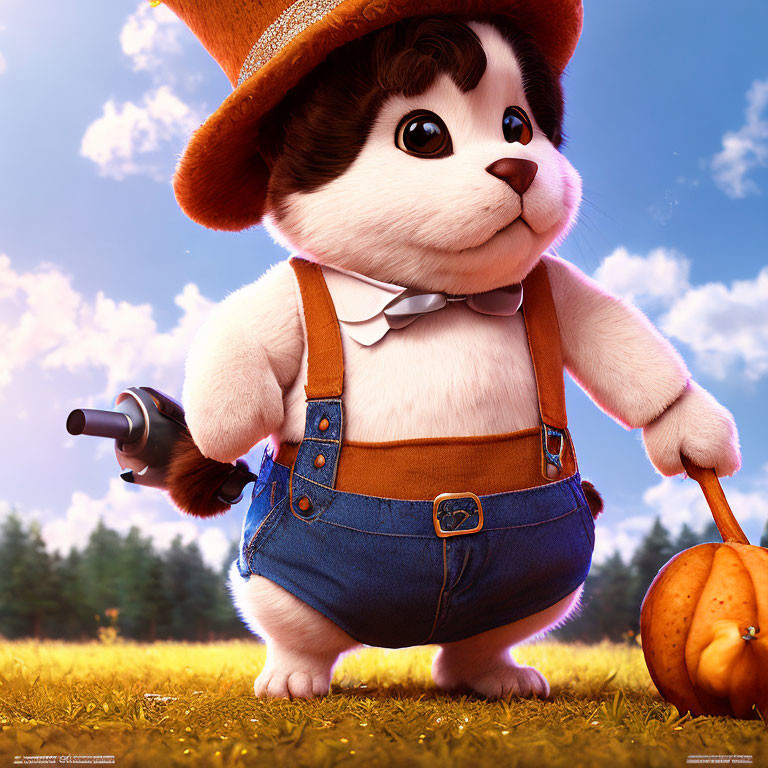 Adorable animated puppy in overalls, straw hat, bow tie, walking stick, and pumpkin