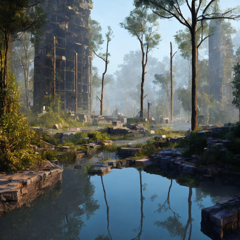 Sunlit Landscape with Ancient Overgrown Temple and Reflective Pond