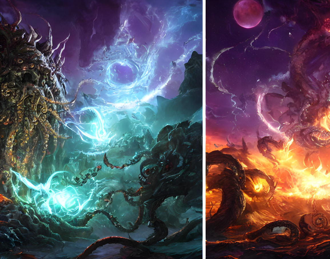 Colorful Fantasy Diptych with Magical Creature and Fiery Landscape