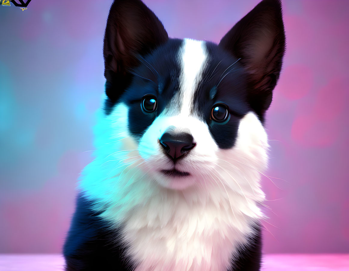 Detailed Digital Art: Black and White Border Collie Puppy with Blue Eyes on Pink and Blue Background