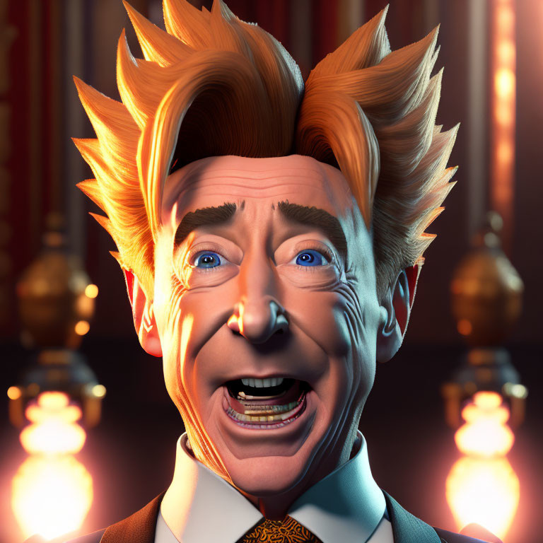 Exaggerated 3D animated character in suit with orange hair