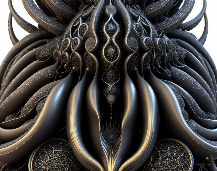 Intricate fractal digital artwork with black shapes and organic textures