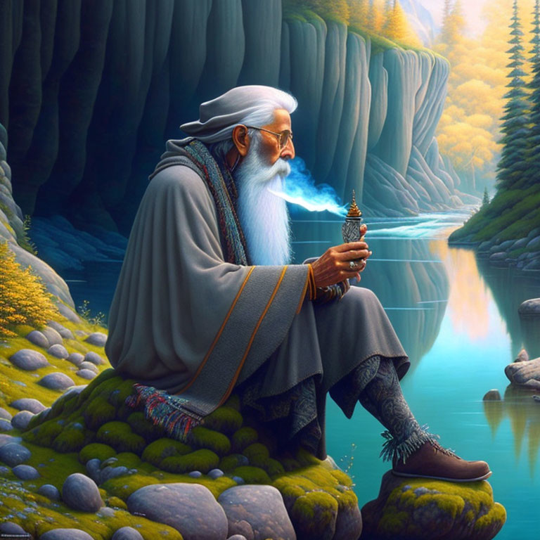 Elderly wizard by serene river in fantastical landscape