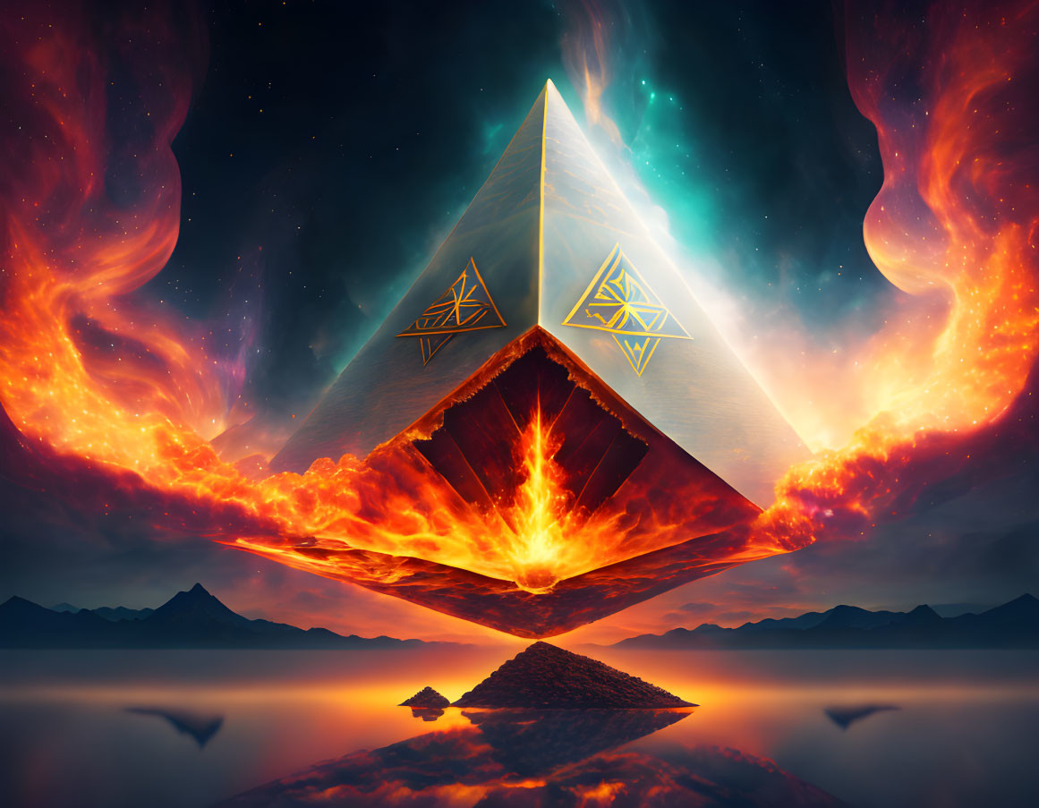 Levitating Pyramid with Glowing Symbols in Fiery Clouds above Reflective Water