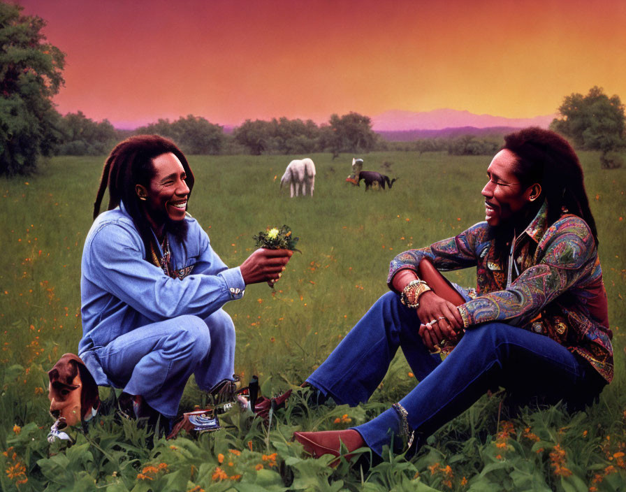 Two people with dreadlocks enjoying nature with animals in a field at sunset