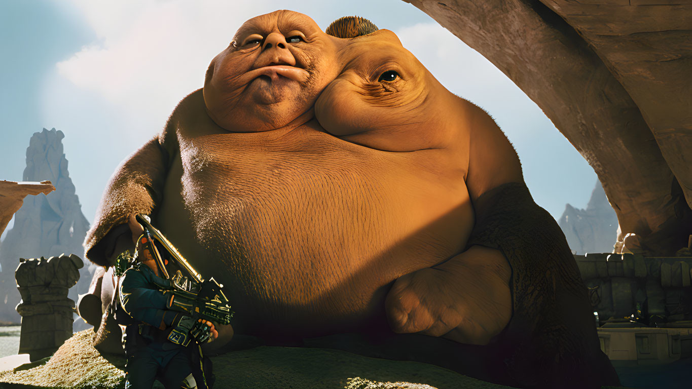 Digital artwork of Jabba the Hutt and armed guard in desert setting