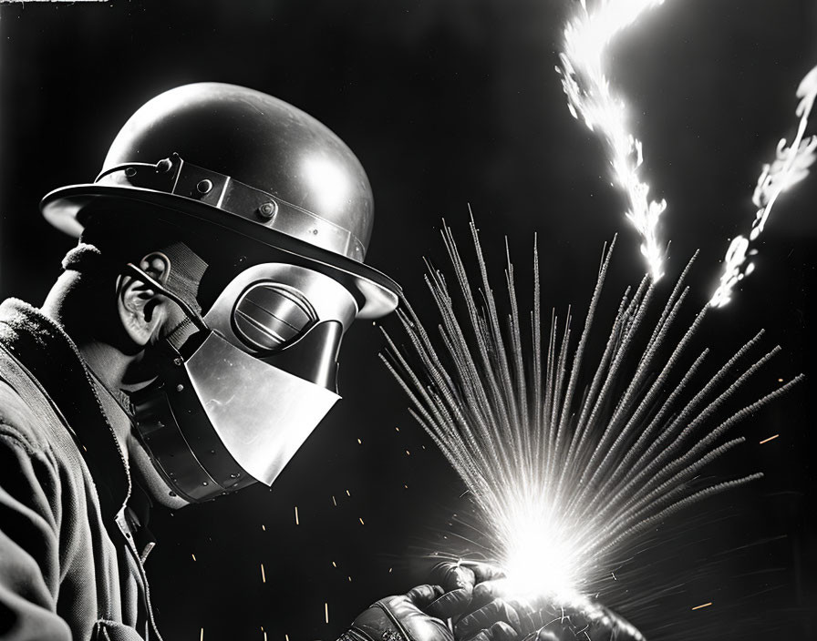 Welder in protective gear creating intense sparks while welding metal