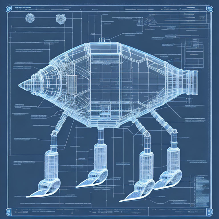 Detailed Blueprint of Fish-Shaped Airship with Propellers on Blue Background