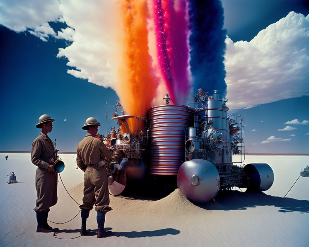 Industrial machine emitting colorful smoke observed by people in protective gear