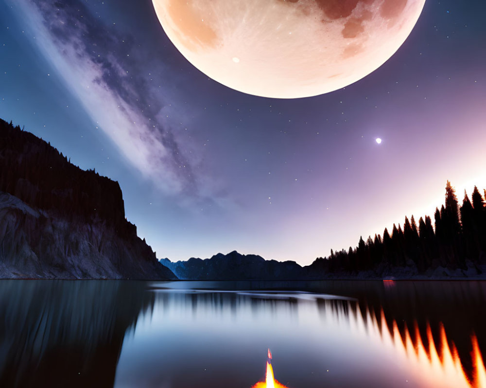 Tranquil night scene: moonlit lake with rocket launch in distance