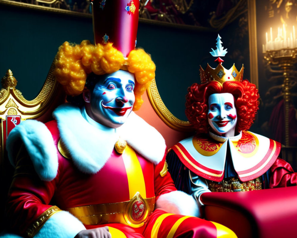 Clowns in King and Queen Costumes on Regal Thrones in Luxurious Room