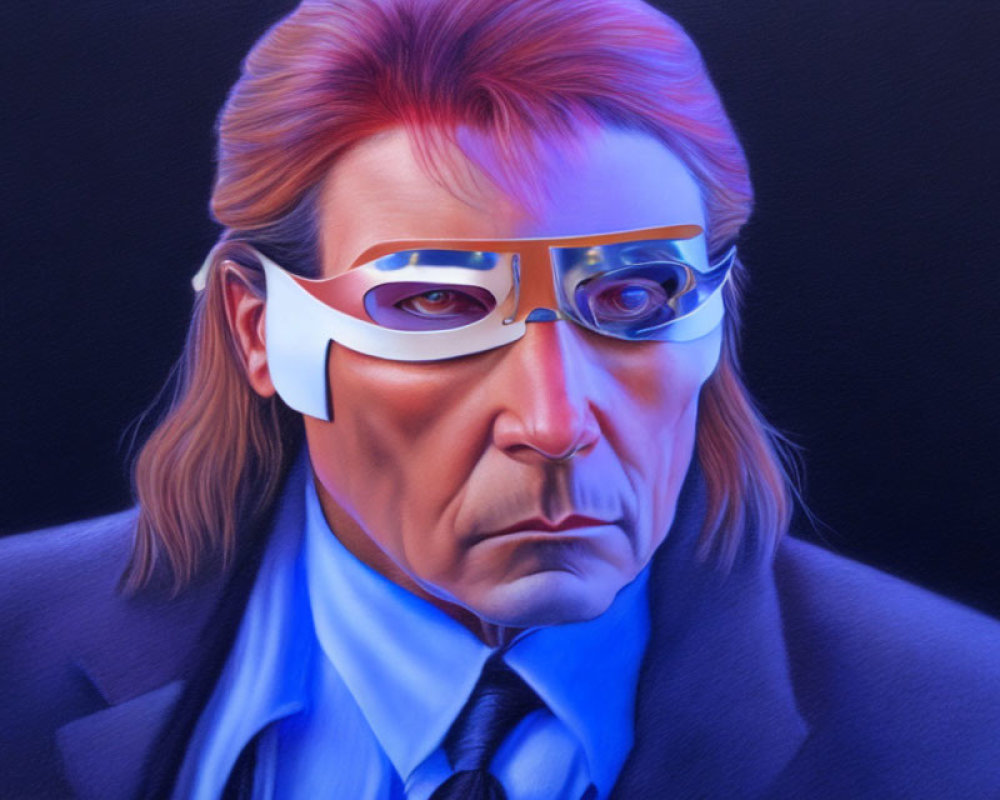 Intense gaze man in futuristic glasses and blue suit on dark background