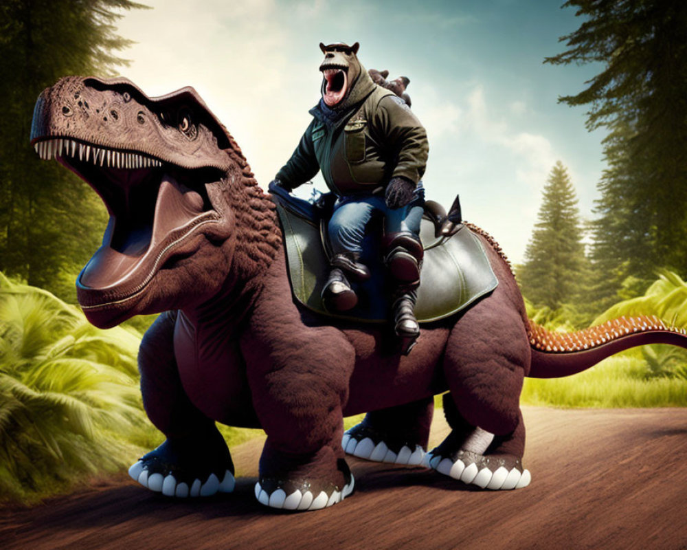 Person in dinosaur mask rides toy dinosaur in lush forest setting