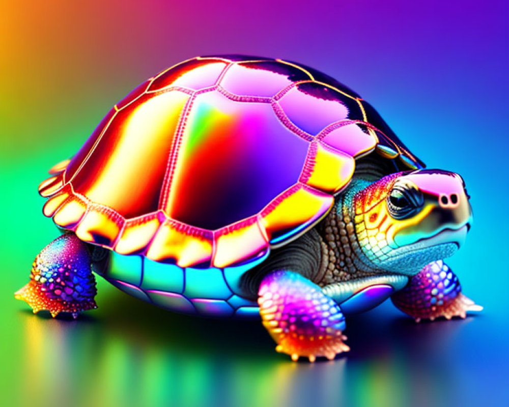 Colorful Digital Turtle with Rainbow Shell on Multicolored Background