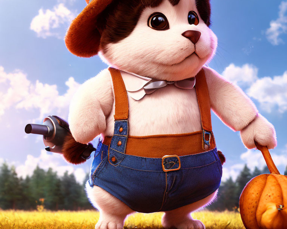 Adorable animated puppy in overalls, straw hat, bow tie, walking stick, and pumpkin