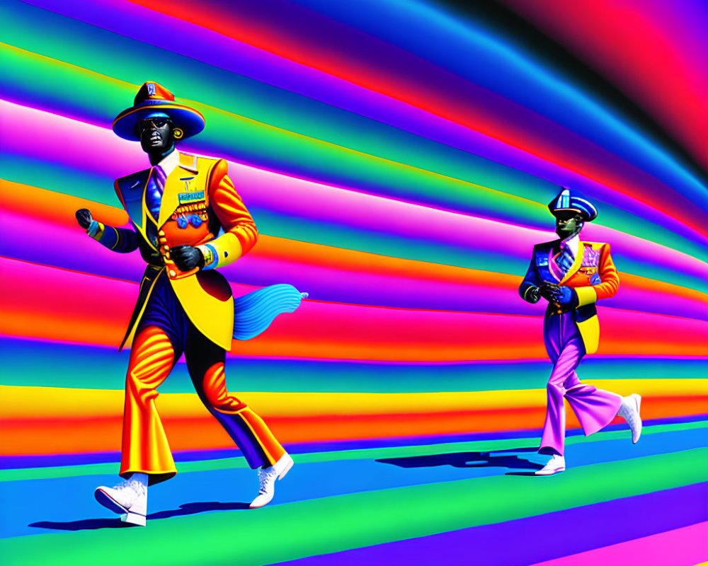 Colorful stylized figures in wide-brimmed hats on vibrant rainbow background