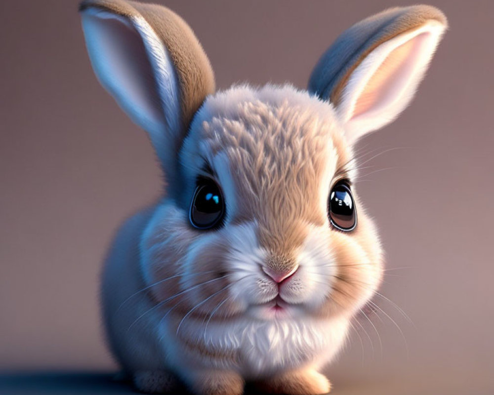 Fluffy Tan Rabbit with Large Ears on Purple Background